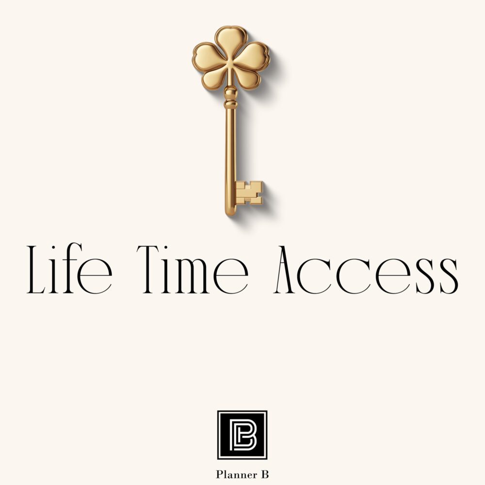 Golden key symbolizing full access with the text 'Life Time Access' and the logo of Planner B, representing unlimited access to all planners