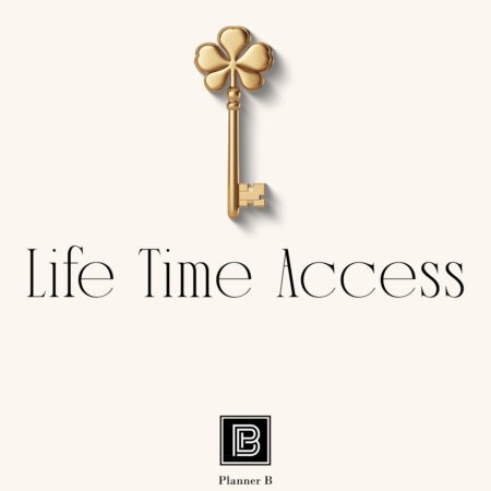 Golden key symbolizing full access with the text 'Life Time Access' and the logo of Planner B, representing unlimited access to all planners
