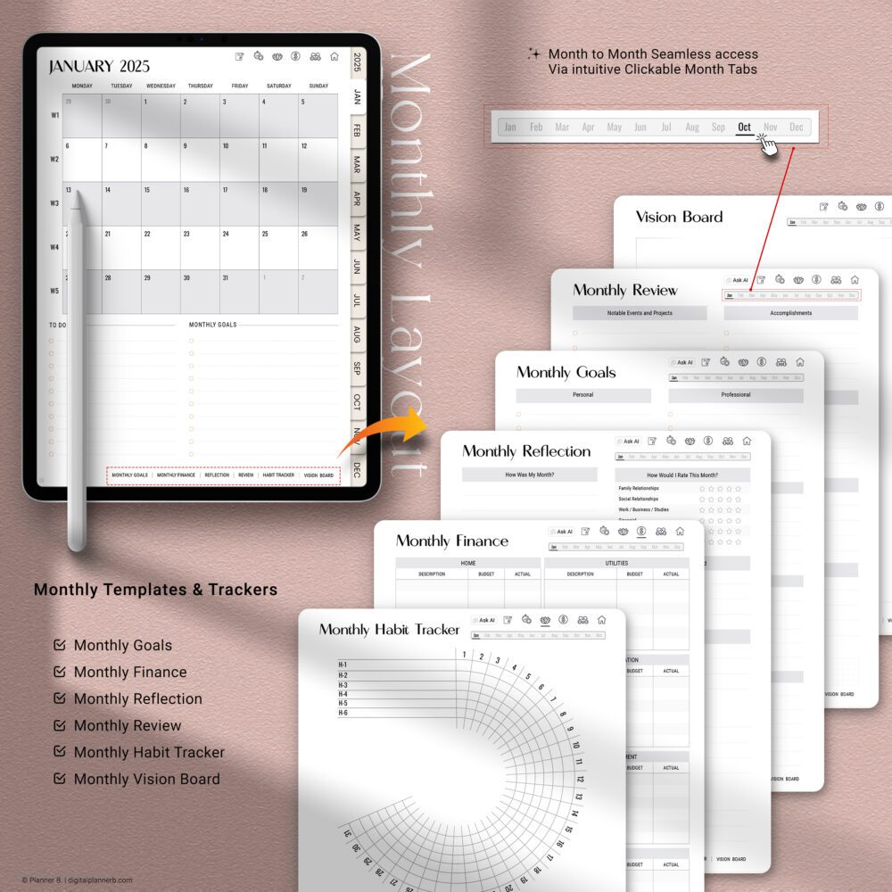 next level year AI powered digital planner monthly layout