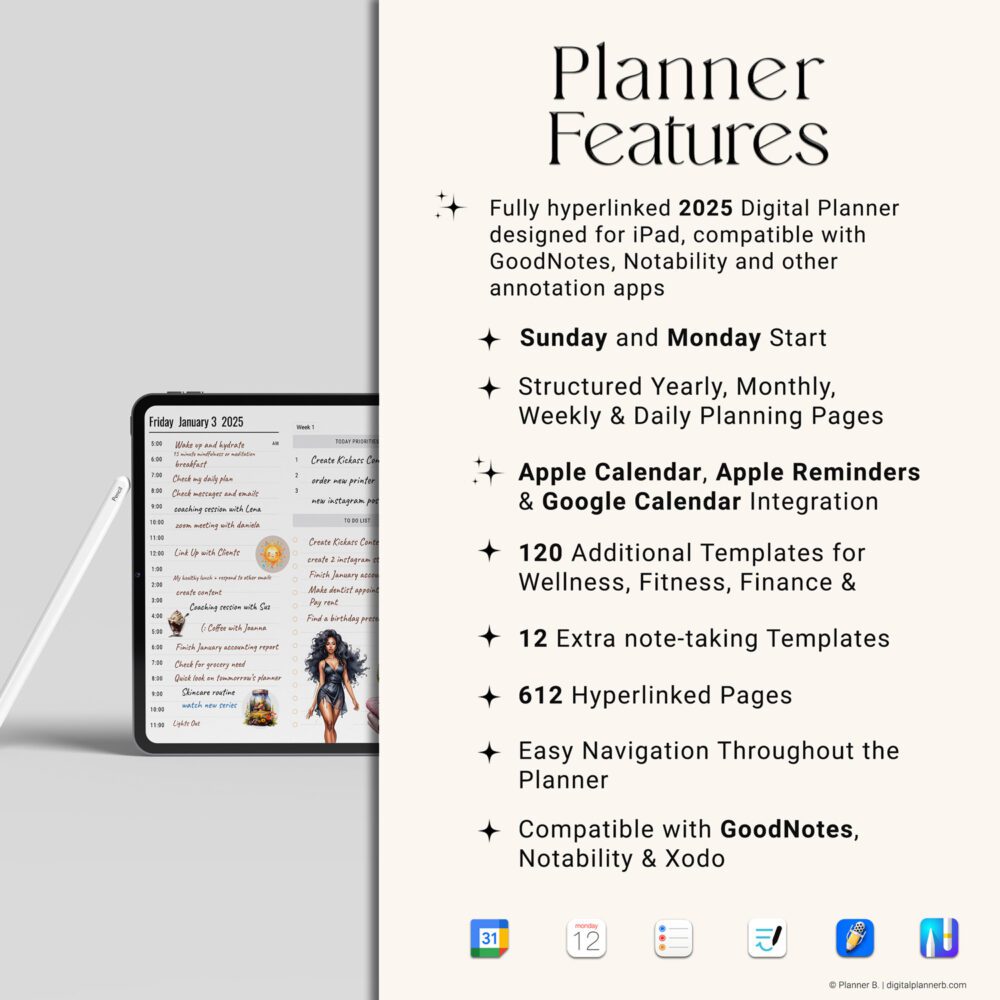 Key Features: Hyperlinked PDF, Apple/Google Calendar Sync, 612 Pages, Dark Skin Tone Designs