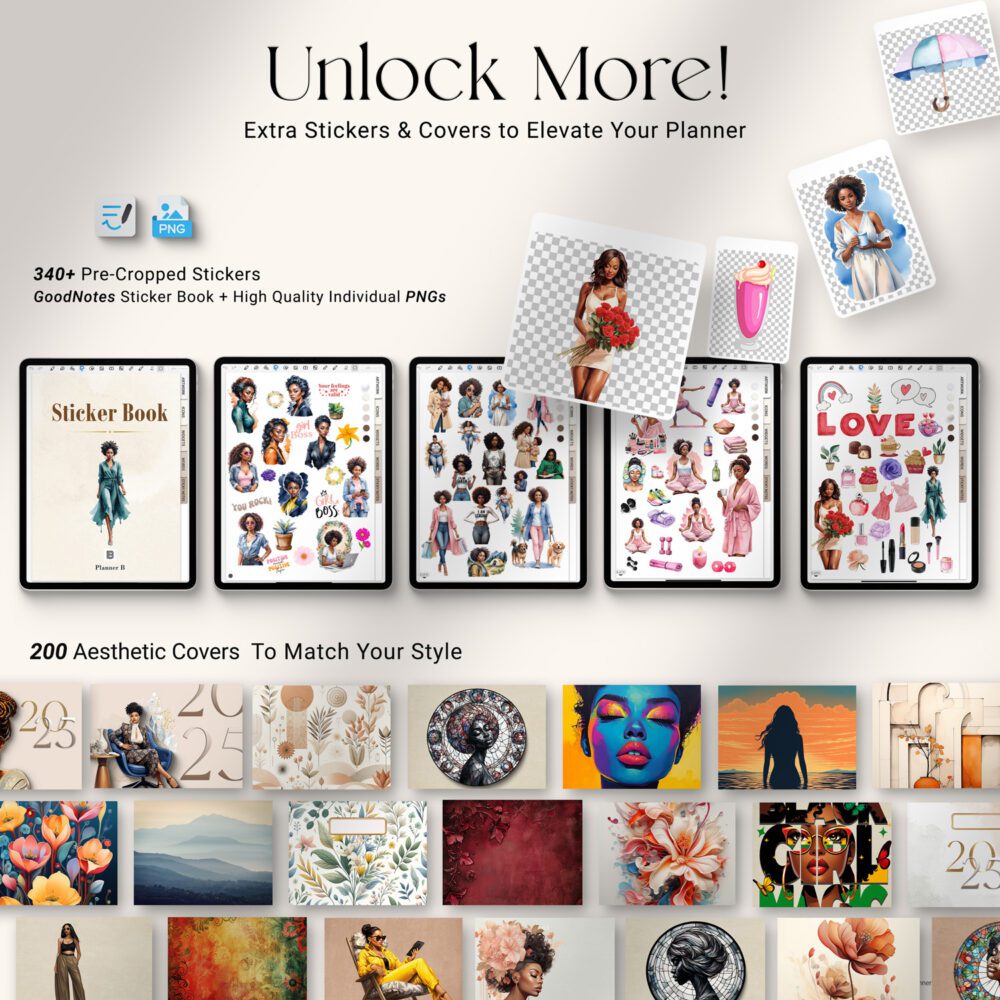 GoodNotes sticker book and 200 aesthetic digital covers included with the 2025 iPad planner – featuring over 340 pre-cropped PNG stickers
