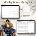 Weekly and monthly pages of the 2025 GoodNotes planner for iPad, showing intuitive calendar navigation and time-saving hyperlinks
