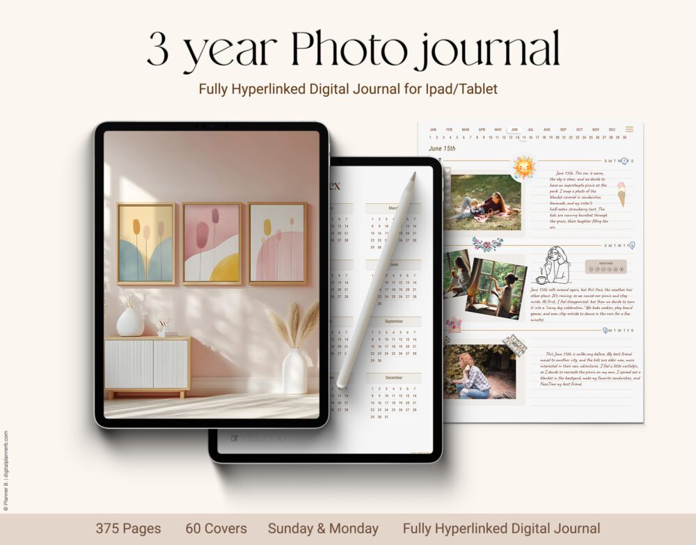 3-year photo journal displayed on a digital tablet with calendar, daily entries, and image placeholders – a fully hyperlinked digital journal for iPad or tablet with 375 pages and 60 covers.