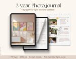 3-year photo journal displayed on a digital tablet with calendar, daily entries, and image placeholders – a fully hyperlinked digital journal for iPad or tablet with 375 pages and 60 covers.