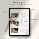 Daily pages from a digital photo journal displayed on a tablet, featuring indexed navigation, date labeling, daily notes, photo sections, and day-marking features for memory tracking.