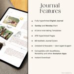 Photo journal features list on digital tablet, highlighting 375 hyperlinked pages, 60 covers, Sunday and Monday start, note-taking templates, and compatibility with GoodNotes and Notability.
