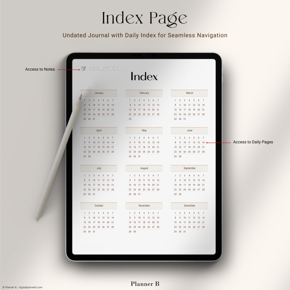 Index page of a digital photo journal shown on a tablet, featuring a full-year calendar layout with clickable daily links, seamless navigation, and access to notes.