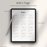Index page of a digital photo journal shown on a tablet, featuring a full-year calendar layout with clickable daily links, seamless navigation, and access to notes.
