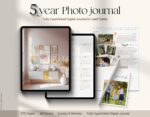 5-year digital photo journal for iPad or tablet, showing calendar view, daily photo entries, and customizable layouts with 375 pages and 60 covers, fully hyperlinked for easy navigation.