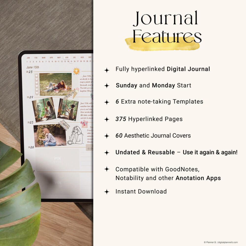 List of features for the 5-year photo journal including 375 hyperlinked pages, 60 covers, note templates, Sunday & Monday start, and app compatibility.