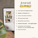 List of features for the 5-year photo journal including 375 hyperlinked pages, 60 covers, note templates, Sunday & Monday start, and app compatibility.