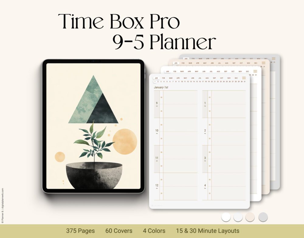 Time Box Pro digital planner displayed on iPad with 9–5 layout pages in various colors for timeboxing and scheduling