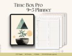 Time Box Pro digital planner displayed on iPad with 9–5 layout pages in various colors for timeboxing and scheduling