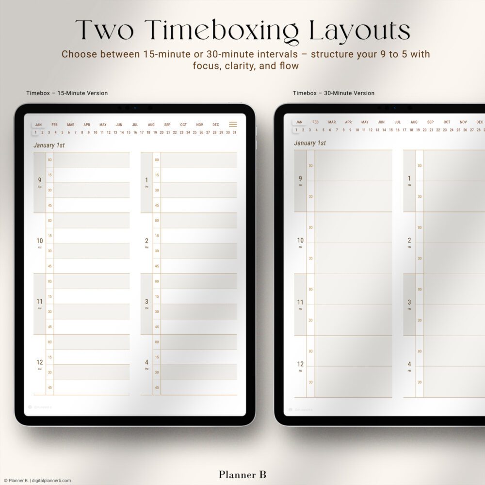 Two timebox layouts in digital planner for iPad with 15-minute and 30-minute scheduling options for structured planning
