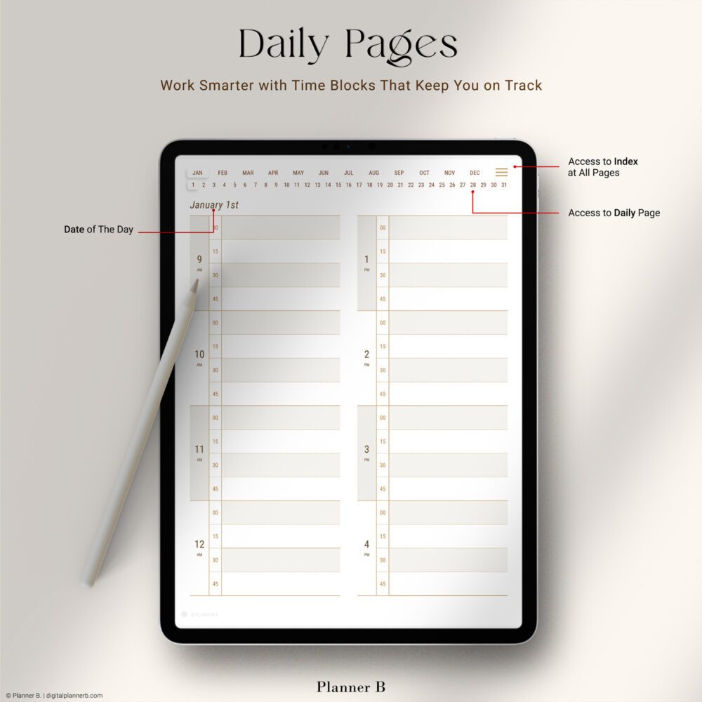 Daily timeboxing page of digital planner for iPad showing time blocks from 9 AM to 4 PM with hyperlinked date and index navigation