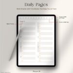 Daily timeboxing page of digital planner for iPad showing time blocks from 9 AM to 4 PM with hyperlinked date and index navigation