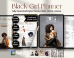 2025 Digital Black Girl Planner displayed on tablet screens with stylus, showing hyperlinked dated layouts for wellness, fitness, finance, and productivity