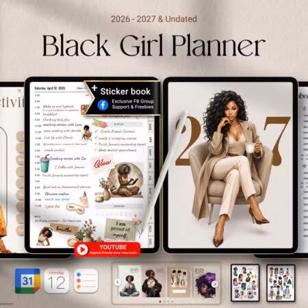 2026–2027 Black Girl digital planner bundle with 350 Goodnotes and PNG stickers, 100 covers, and calendar links