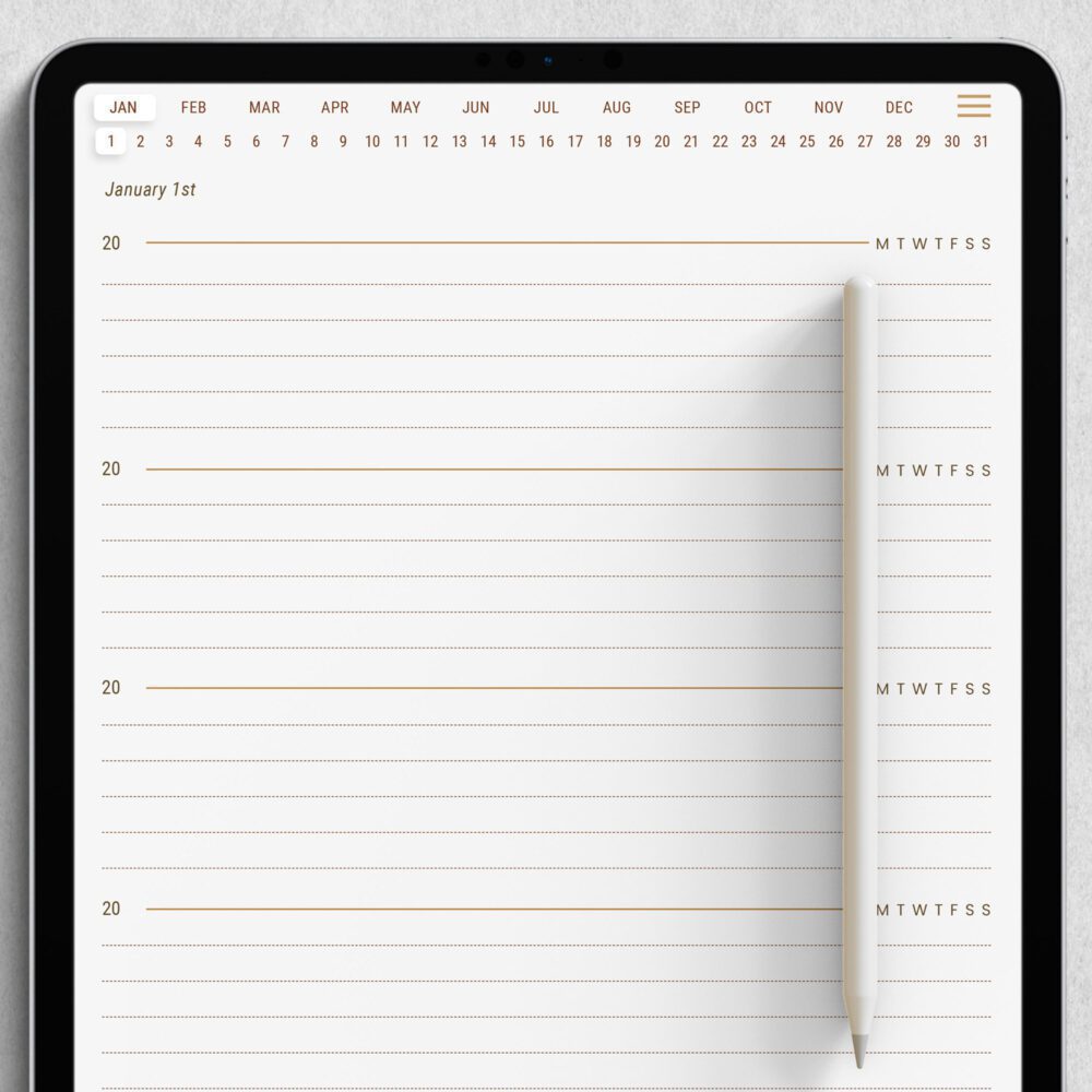 5-Year Digital Journal displayed on iPad with clean daily entry layout, undated format, and hyperlinked navigation, compatible with GoodNotes and annotation apps tablet view