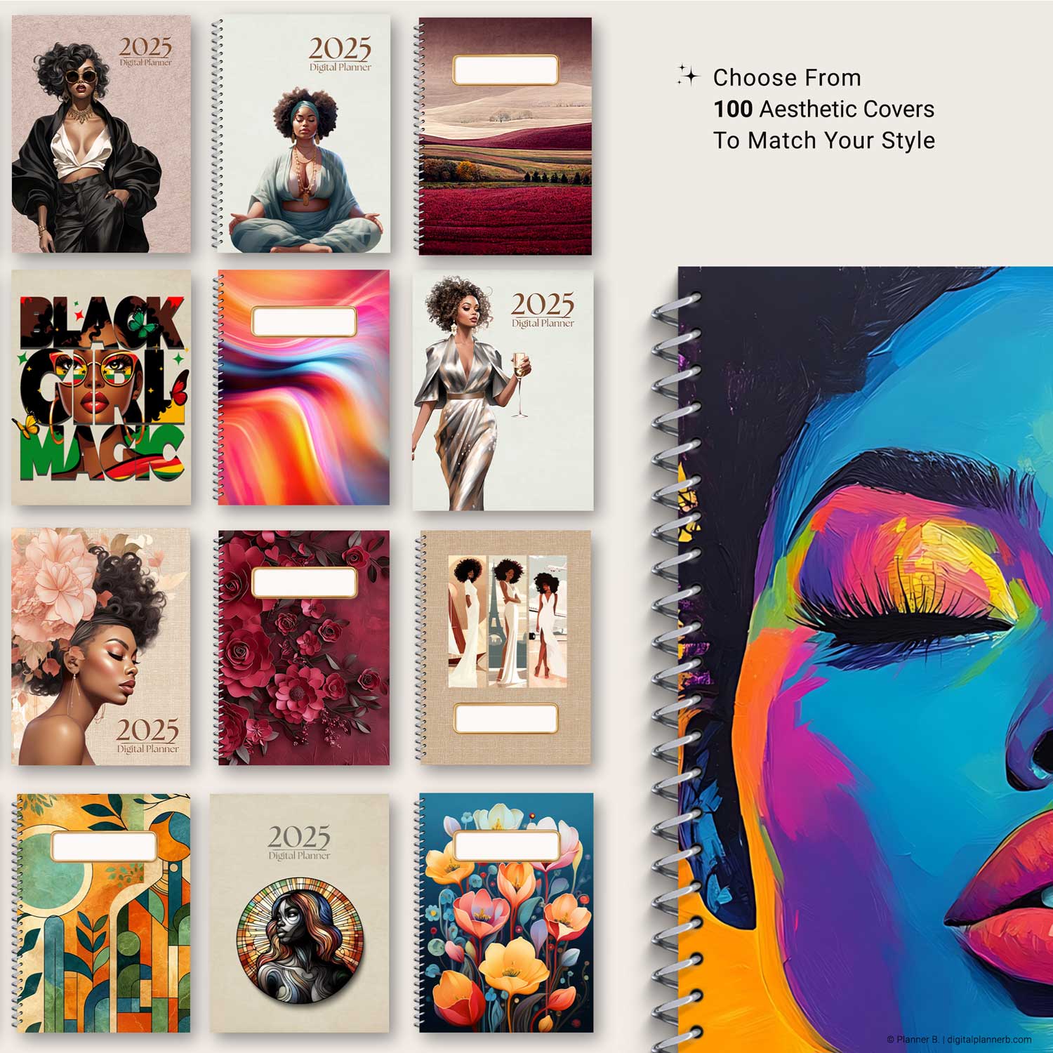Collection of interchangeable cover designs for the Black Girl Digital Planner with various illustrations of Black women