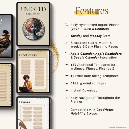 Key features of the Black Girl Digital Planner highlighted on tablet: hyperlinks, bookmarks, and cloud backup options