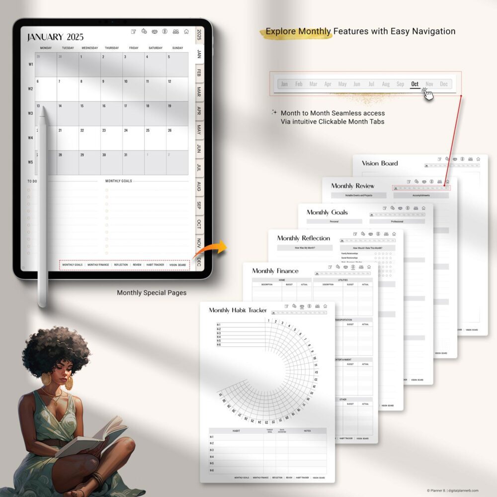 Tablet displaying the Black Girl Digital Planner’s extra template pages for monthly goals, finance tracking, reflection, habit tracker, and vision board