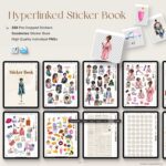 Black Girl Digital Planner’s hyperlinked sticker book alongside individual PNG sticker sheets displayed on tablet screens, showcasing beautiful Black girl stickers for wellness, fitness, and decor