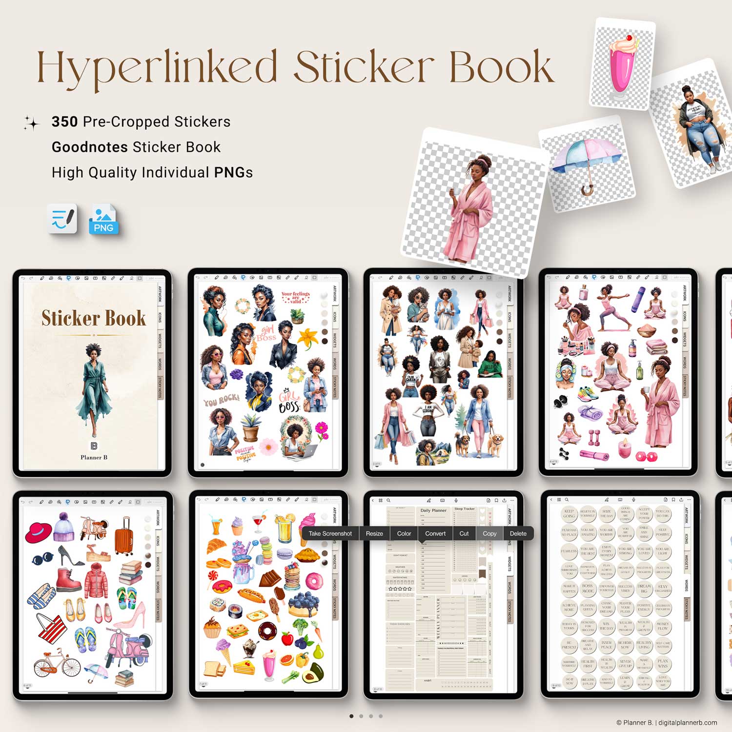 Black Girl Digital Planner’s hyperlinked sticker book alongside individual PNG sticker sheets displayed on tablet screens, showcasing beautiful Black girl stickers for wellness, fitness, and decor