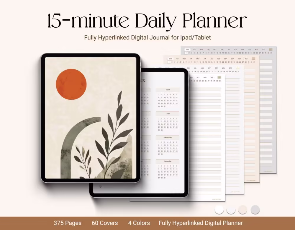 Digital daily planner with 15-minute intervals and hyperlinked layout for GoodNotes, showing optimal productivity scheduling