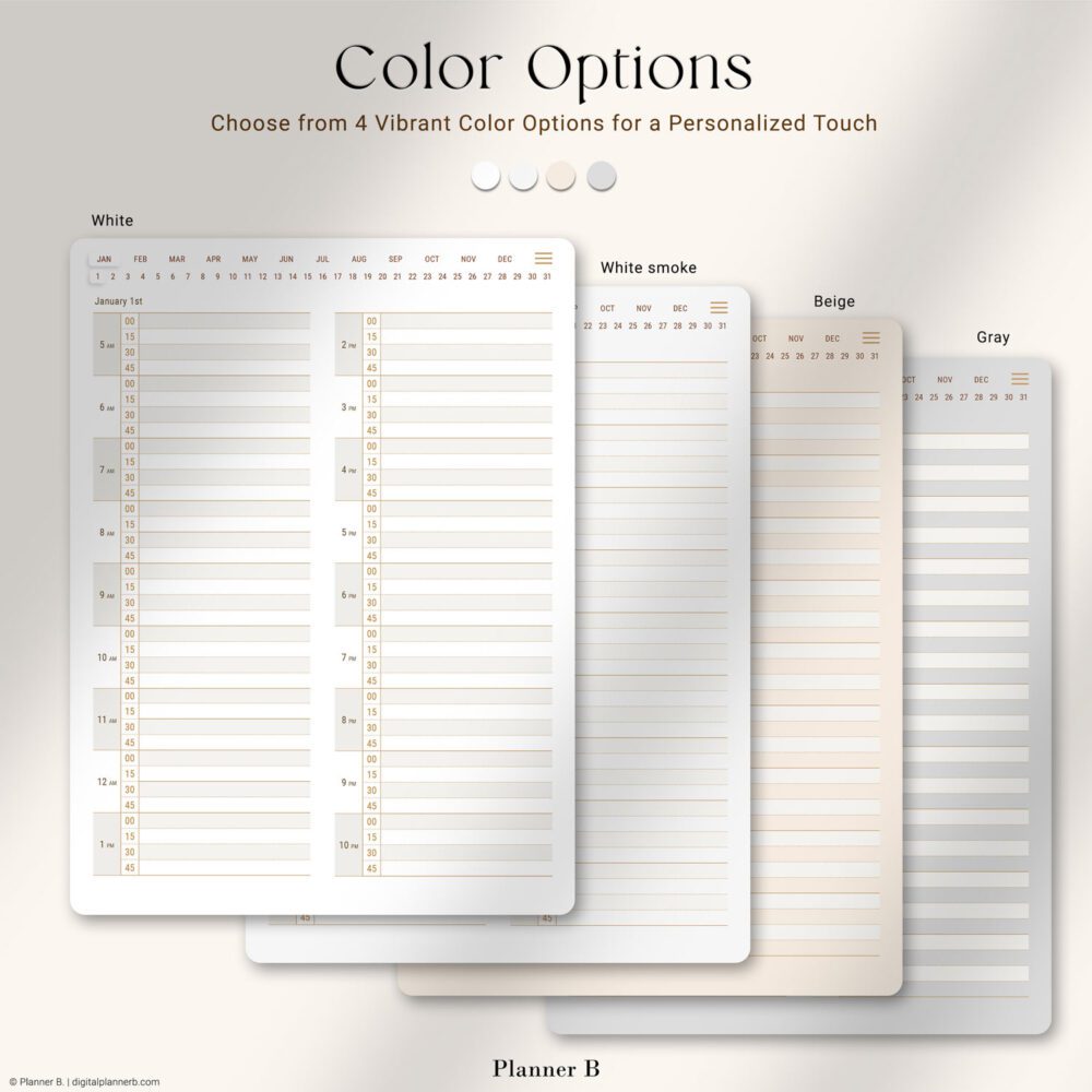 15-minute daily planner with 4 stylish color options: white, white smoke, beige, and gray