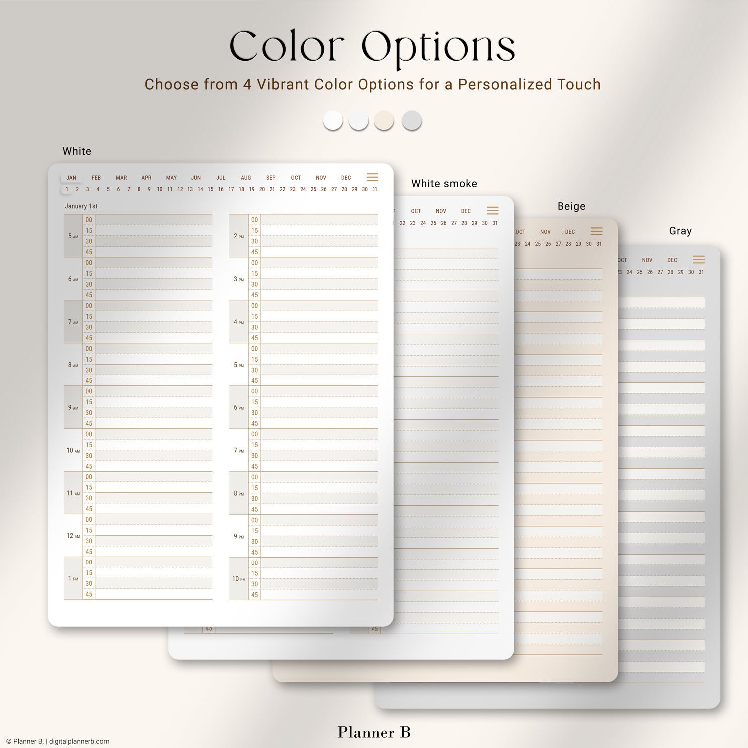 15-minute daily planner with 4 stylish color options: white, white smoke, beige, and gray
