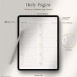 Digital daily planner with 15-minute intervals and hyperlinked layout for GoodNotes, showing optimal productivity scheduling