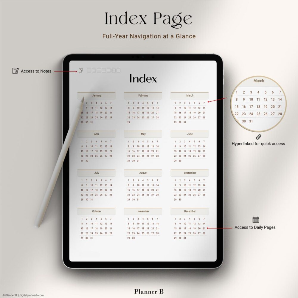 Seamlessly organized index page in 15-minute daily planner with clickable monthly and daily links