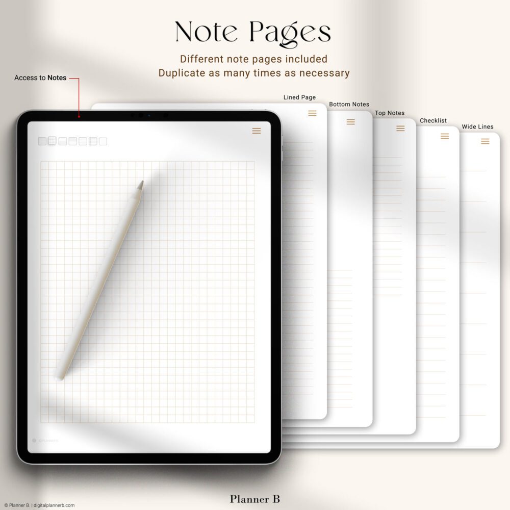 Multiple note-taking page styles included in 15-minute digital planner, ideal for GoodNotes and PDF annotation