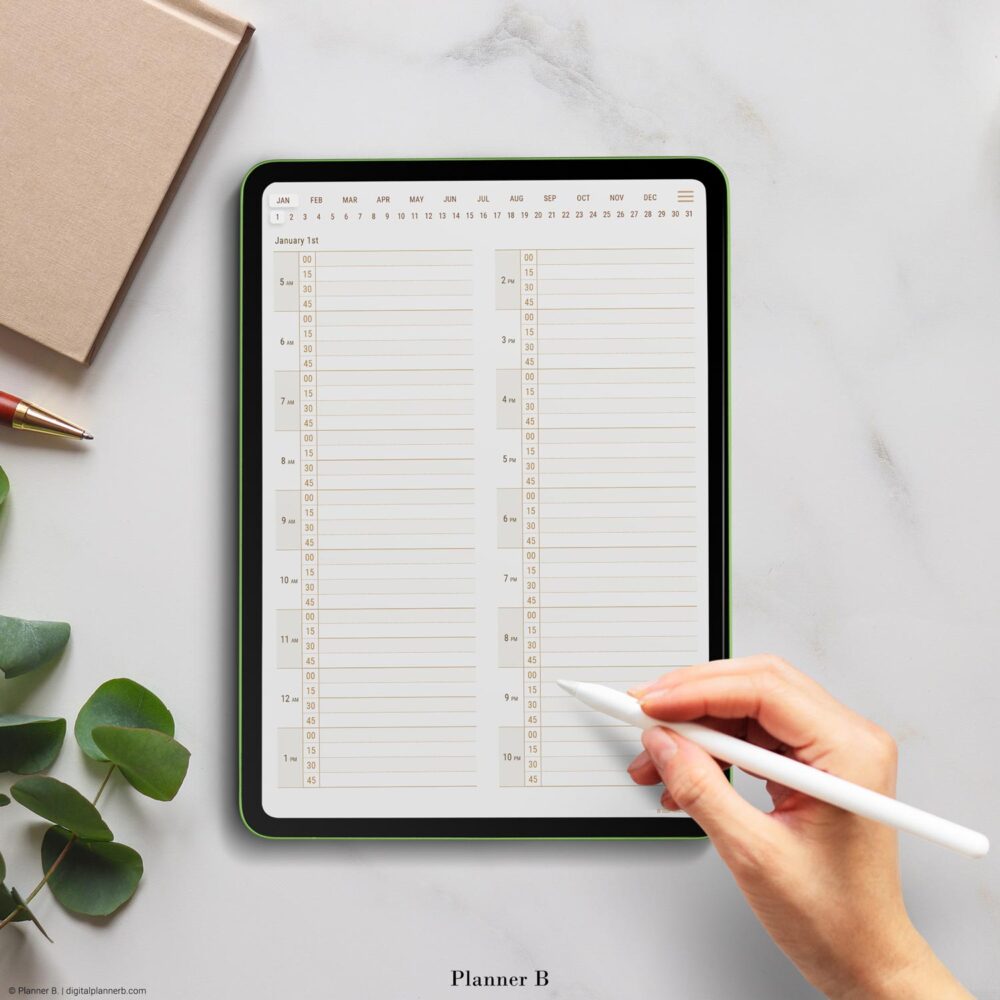 Annotating 15-minute time block planner on iPad with stylus for focused daily planning