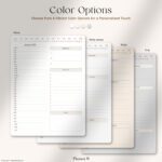 Four color variations of the 30-Minute Daily Planner showing daily page layouts in White, White Smoke, Beige, and Gray with a 30-minute interval structure and note-taking sections.