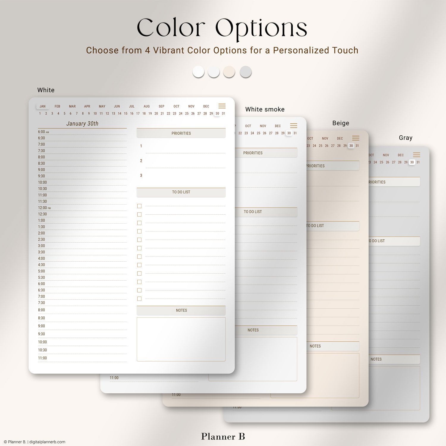 Four color variations of the 30-Minute Daily Planner showing daily page layouts in White, White Smoke, Beige, and Gray with a 30-minute interval structure and note-taking sections.