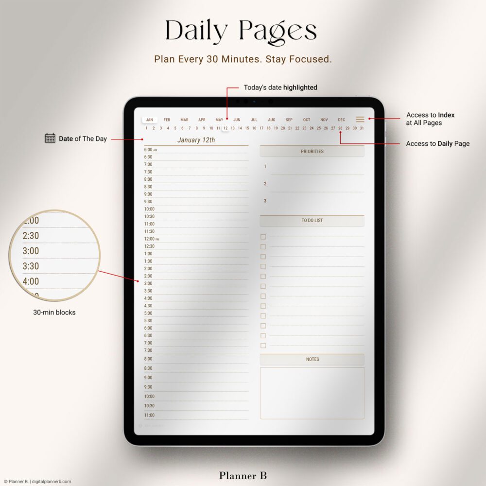 Daily page of 30-Minute Digital Planner — structured with 30-minute time blocks, priorities section, to-do list, notes, and full hyperlink navigation, displayed on iPad.