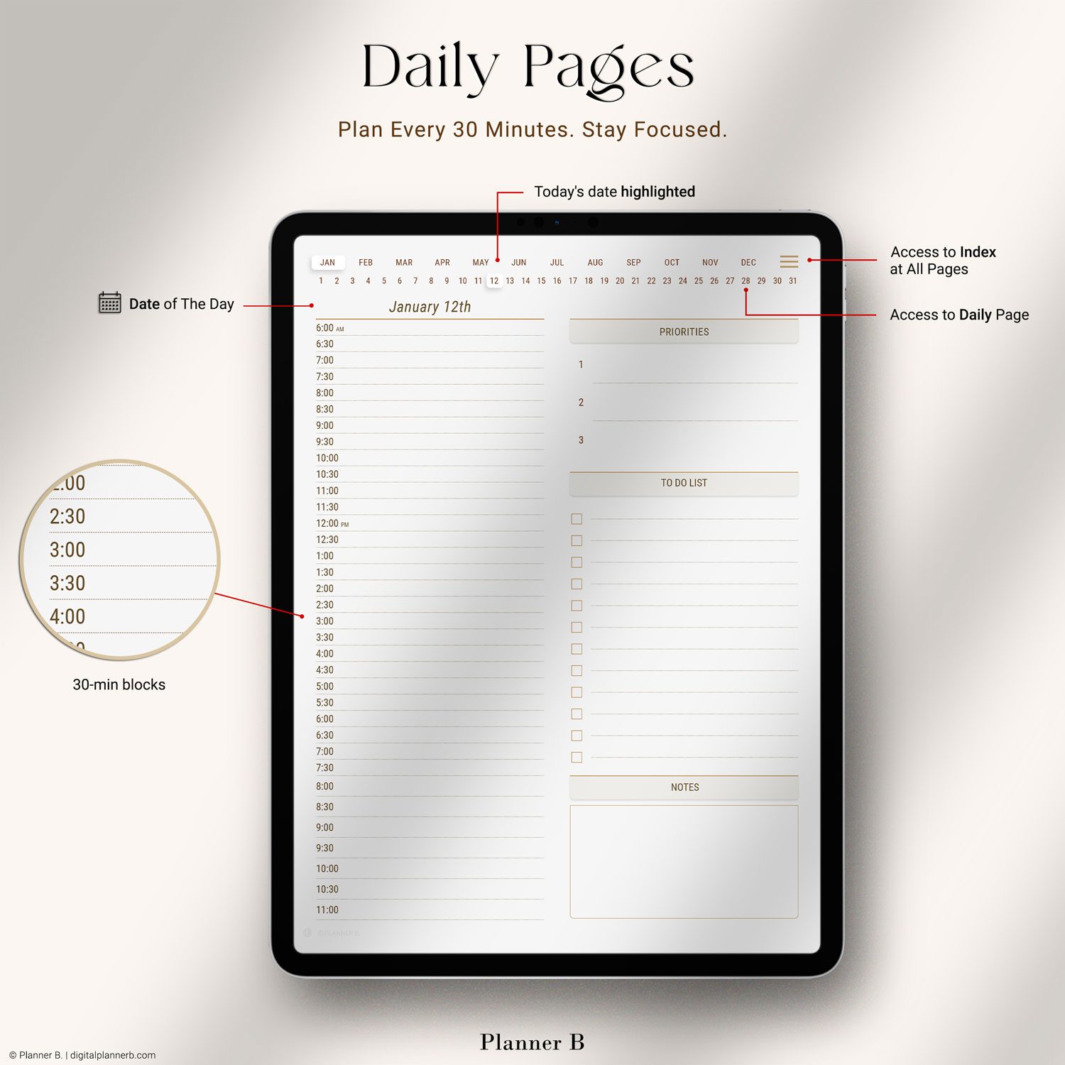 Daily page of 30-Minute Digital Planner — structured with 30-minute time blocks, priorities section, to-do list, notes, and full hyperlink navigation, displayed on iPad.