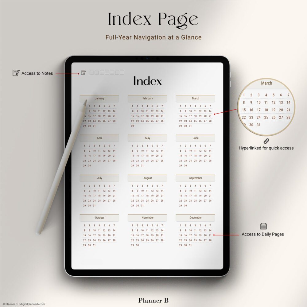 Index page of 30-Minute Daily Digital Planner — full-year view with quick access hyperlinks to daily pages, monthly sections, and notes, displayed on iPad screen.