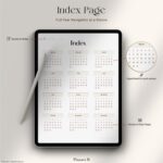 Index page of 30-Minute Daily Digital Planner — full-year view with quick access hyperlinks to daily pages, monthly sections, and notes, displayed on iPad screen.
