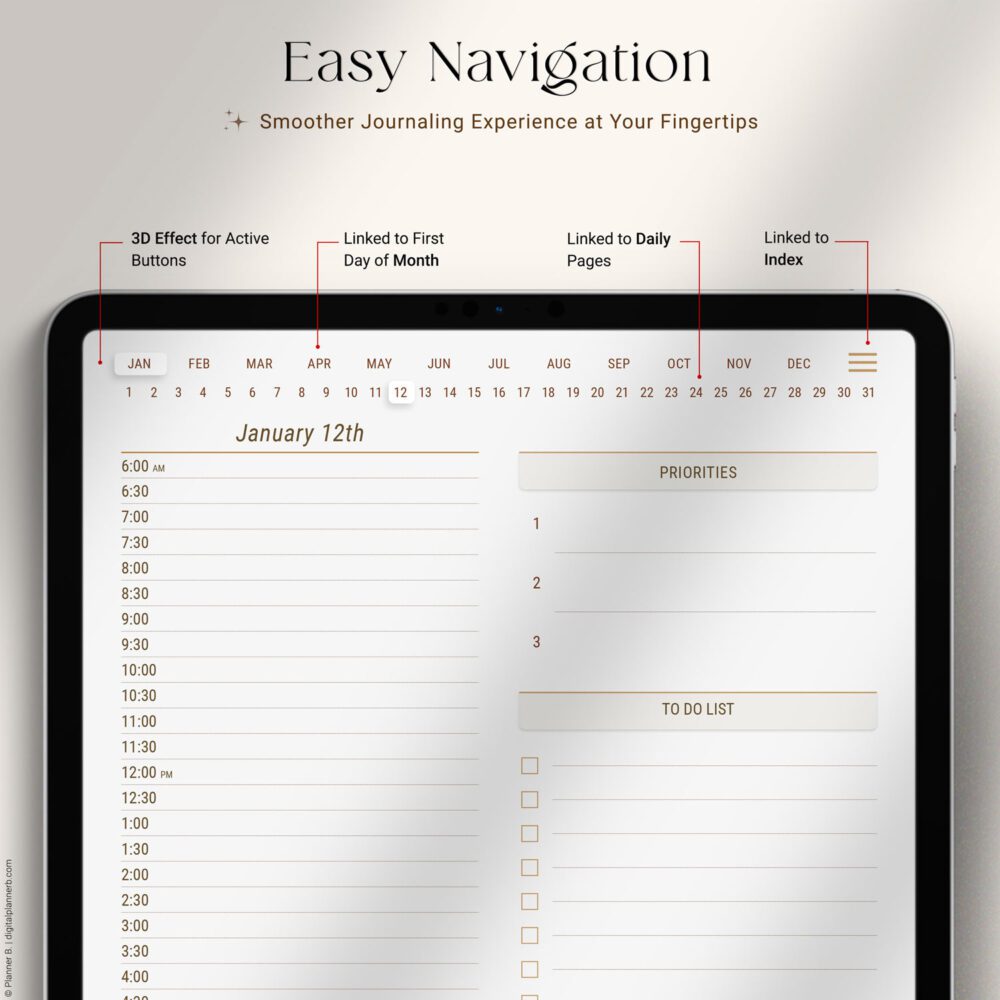Easy navigation header view in 30-Minute Digital Planner — hyperlinked months, active day button, quick access to index and daily pages, shown on iPad.