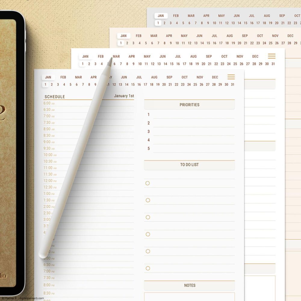 Stacked 30-minute planner pages showing daily layouts with stylus and navigation tabs