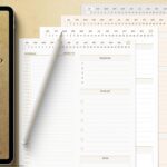Stacked 30-minute planner pages showing daily layouts with stylus and navigation tabs