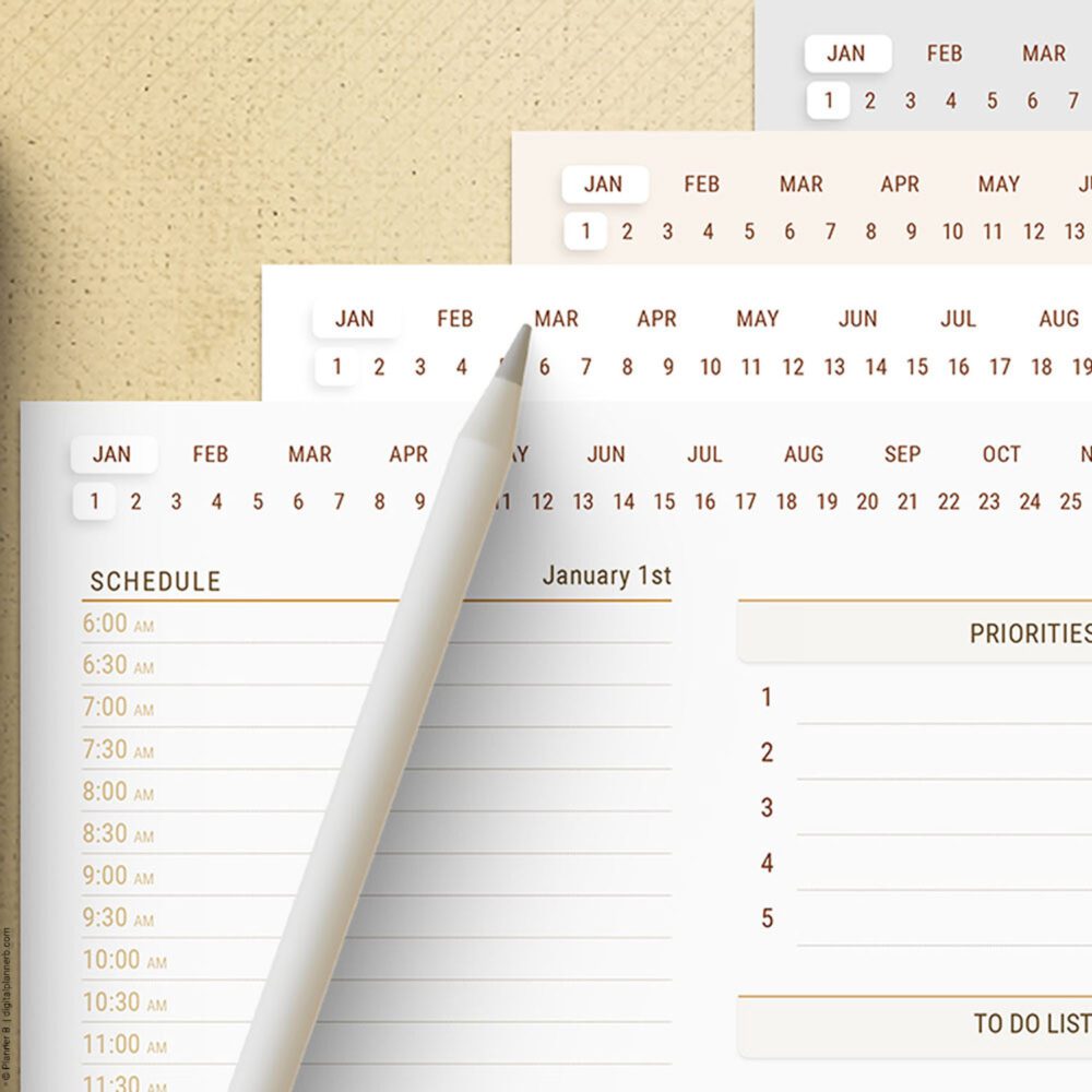 Close-up view of monthly navigation buttons on the 30-minute digital planner interface
