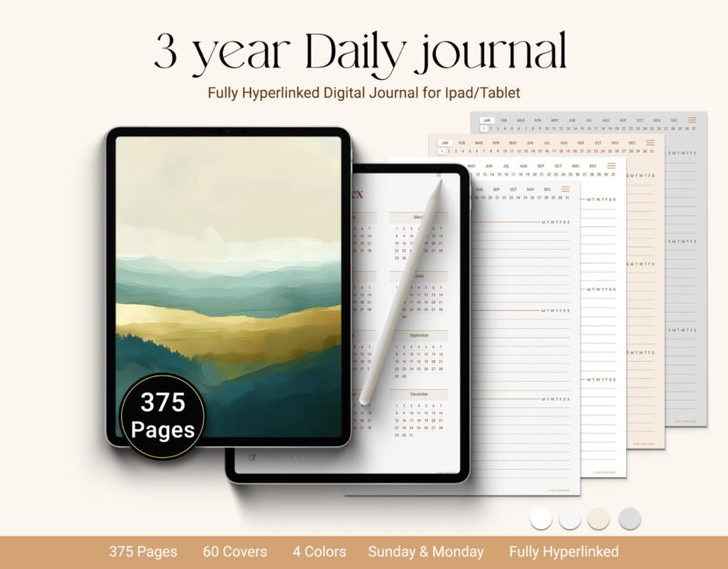 Preview of Digital 3-Year Daily Journal showing hyperlinked layout across three years, with dated daily entries, 375 pages, and four color themes for GoodNotes and iPad use
