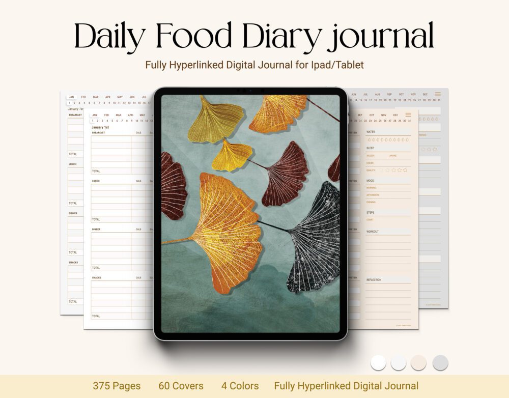 Digital Daily Food Journal showing fully hyperlinked nutrition tracker, mood and hydration logs, and daily wellness layout on iPad — compatible with GoodNotes, Notability, and Xodo.