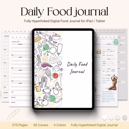 Digital Daily Food Journal showing fully hyperlinked nutrition tracker, mood and hydration logs, and daily wellness layout on iPad — compatible with GoodNotes, Notability, and Xodo.