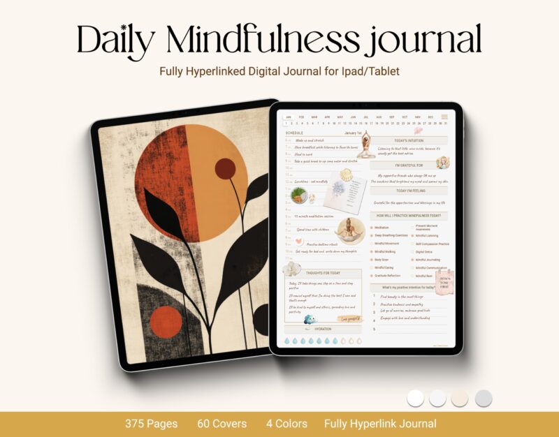 Daily Mindfulness Journal digital planner mockup showing 60 covers, mindfulness daily layout on iPad, and hyperlinked features for iPad and tablet