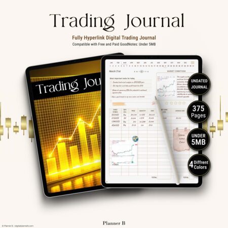 Digital Trading Journal mockup showing an undated 375-page planner on tablets with gold-themed charts, fully hyperlinked layout, under 5MB file size, and available in four color options